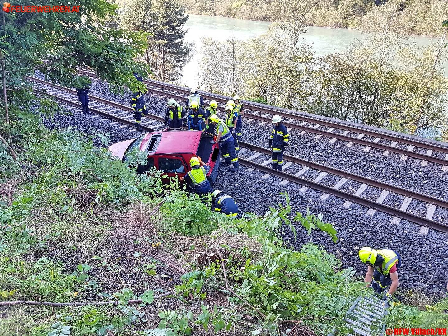 HFW Villach: PKW nach Verkehrsunfall auf Bahngleise gestürzt