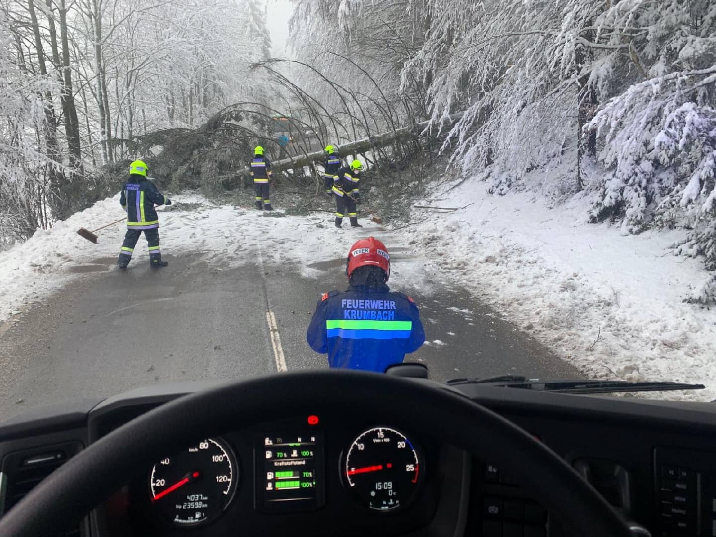 FF Krumbach: Baum über Hochneukirchenstraße