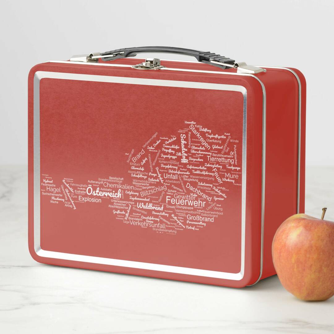 Österreichische Feuerwehr-Wortwolke Metall Brotdose (Beispiel)