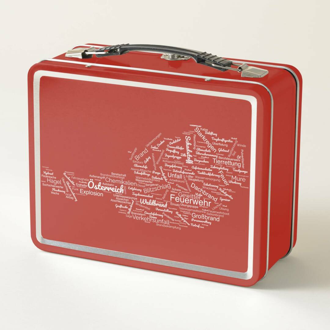 Österreichische Feuerwehr-Wortwolke Metall Brotdose (Rückseite)