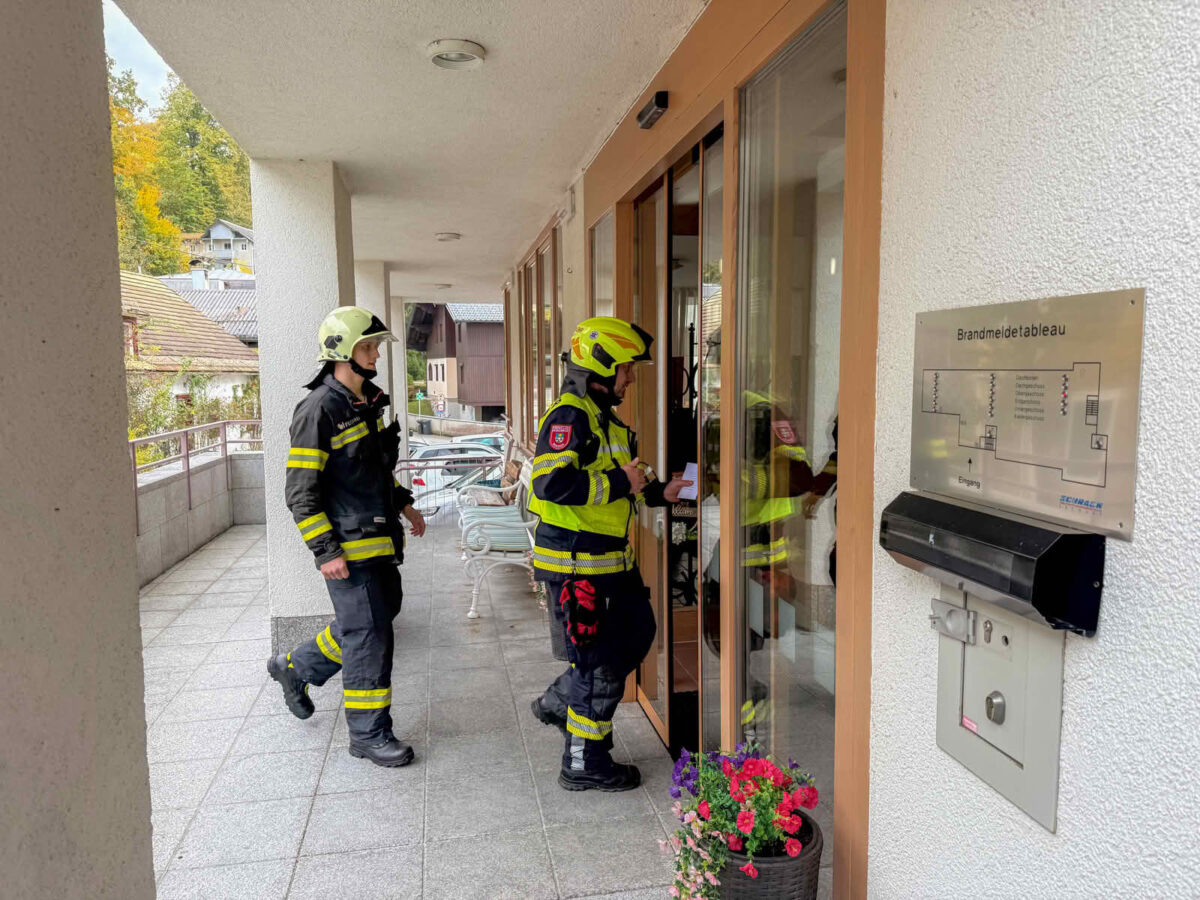 Zwei Feuerwehrmänner betreten das Gebäude
