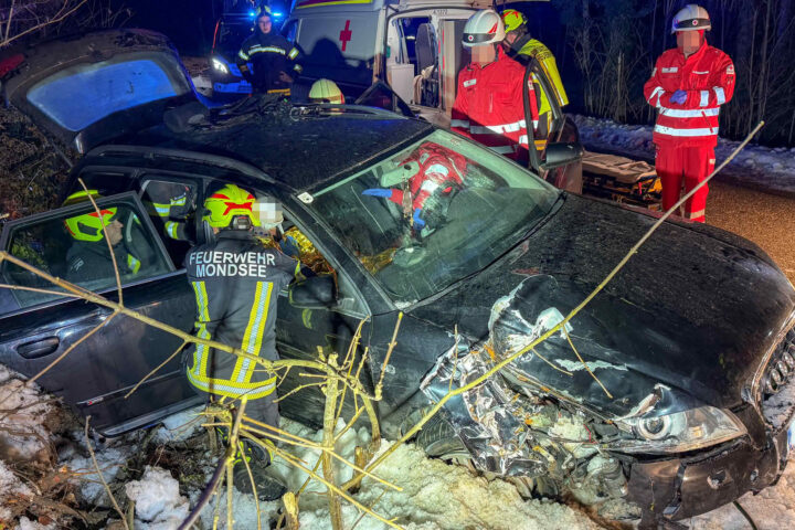 AFK Mondsee: PKW kommt von Straße ab – Beifahrer gerettet