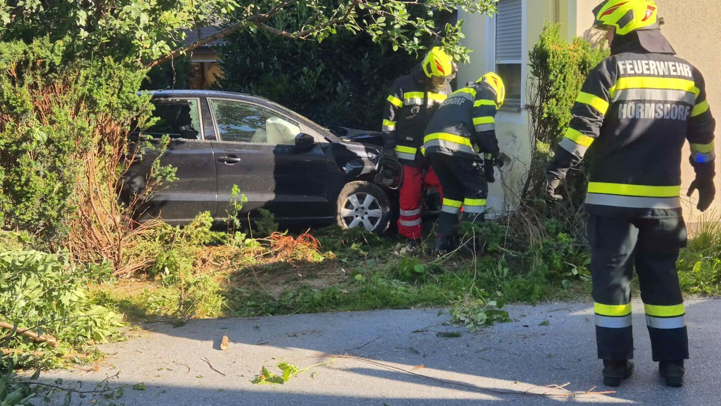 PKW landet nach Kollision mit Hausmauer in Garten