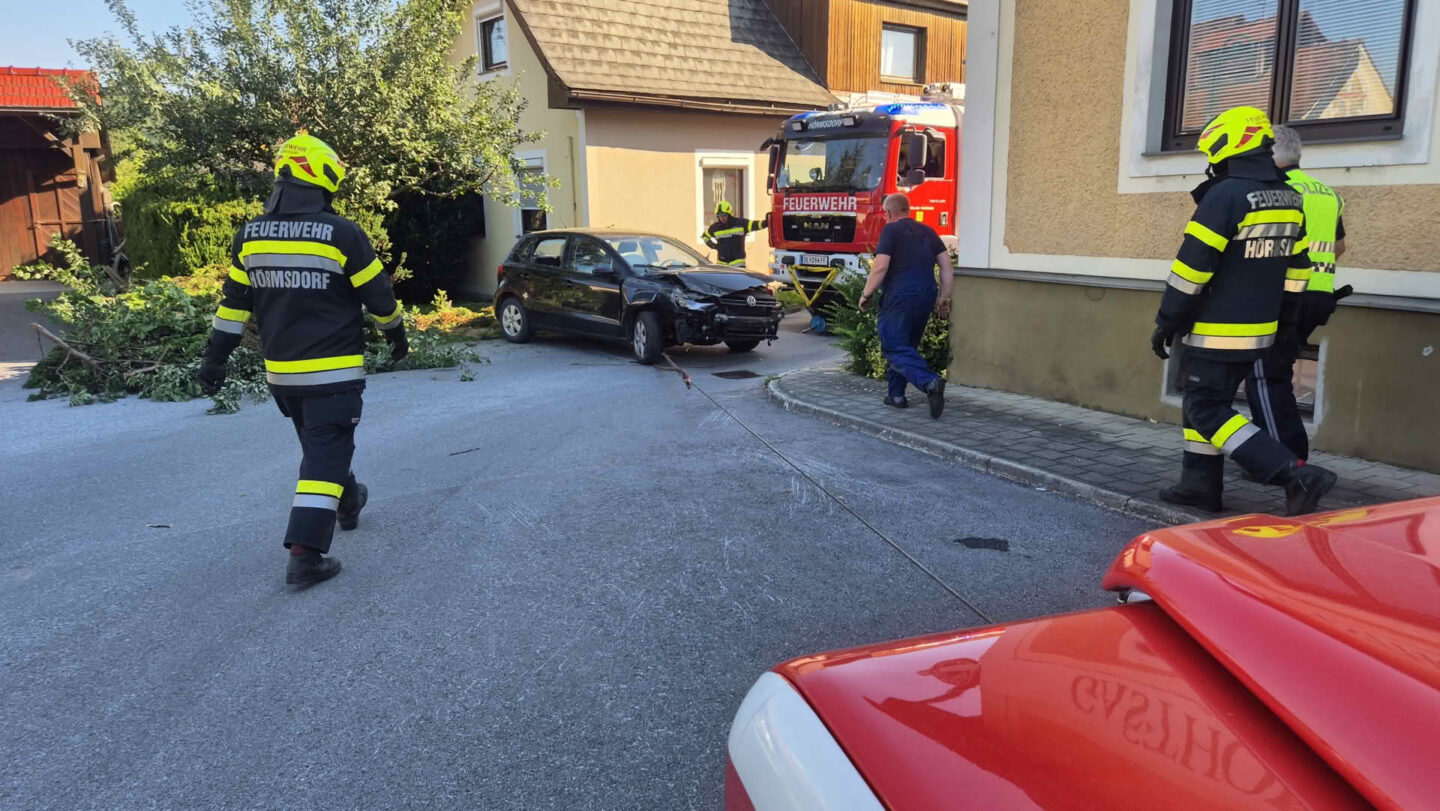 PKW landet nach Kollision mit Hausmauer in Garten